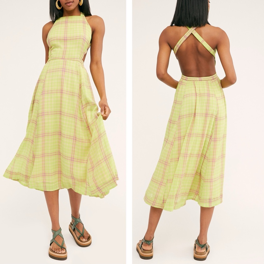Free people plaid Sundress Cottagecore dress with an open back Green Pink 4